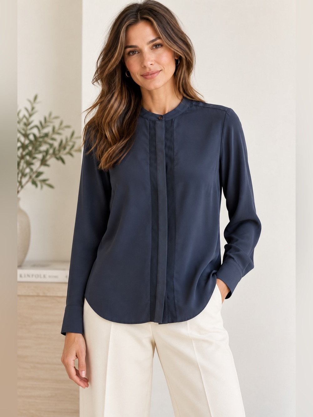 Vince 100% Silk Navy Band Collar Hidden Button Blouse Top 4 Workwear Minimalist